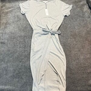 LBLC THE LABEL Gray Knit Wrap Midi Dress Tie Waist Short Sleeve Neimam M Size L